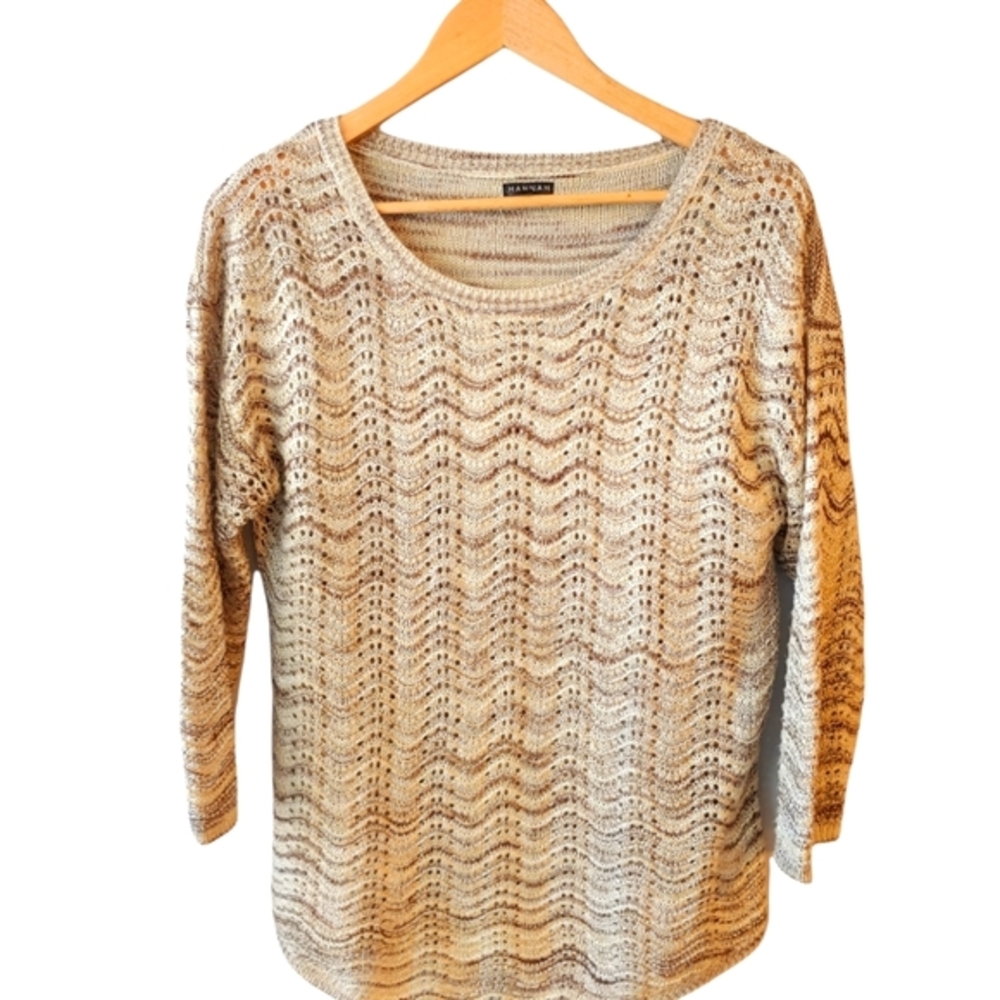 Hannah Tan & Brown Open Knit Sweater with Metallic Gold Size Large